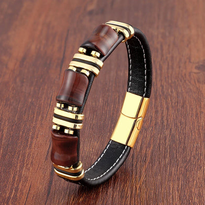 Women's Tiger's Eye stone & leather wrap bracelet, a stylish natural gemstone wristband.