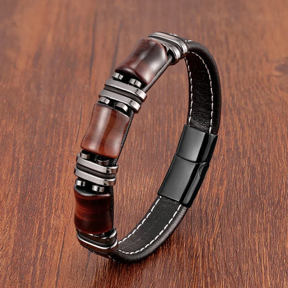 Boho women's leather wrap bracelet with genuine Tiger's Eye gemstones, a spiritual fashion accessory.