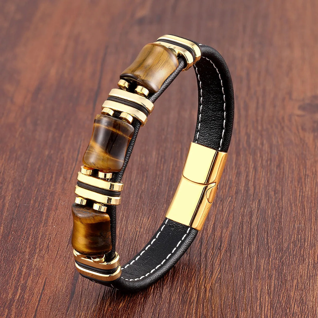 Multilayer women's bracelet featuring genuine Tiger's Eye stones and rich brown leather wrap design.
