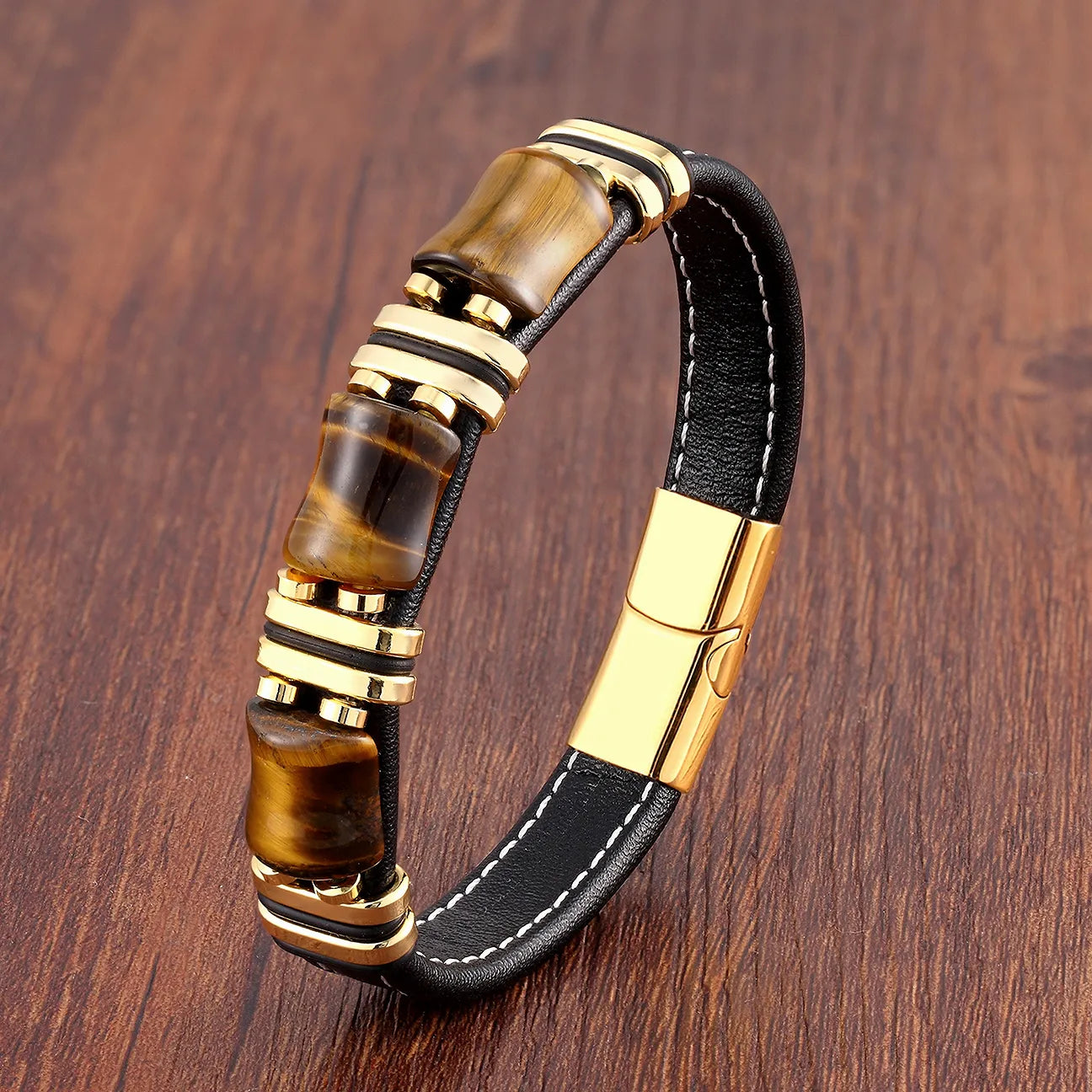 Multilayer women's bracelet featuring genuine Tiger's Eye stones and rich brown leather wrap design.