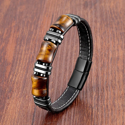 Stylish women's Tiger's Eye natural stone and leather wrap wristband, a chic boho gemstone accessory.