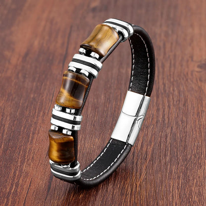 Elegant women's Tiger's Eye gemstone and durable leather wrap bracelet, perfect for fashion jewelry.