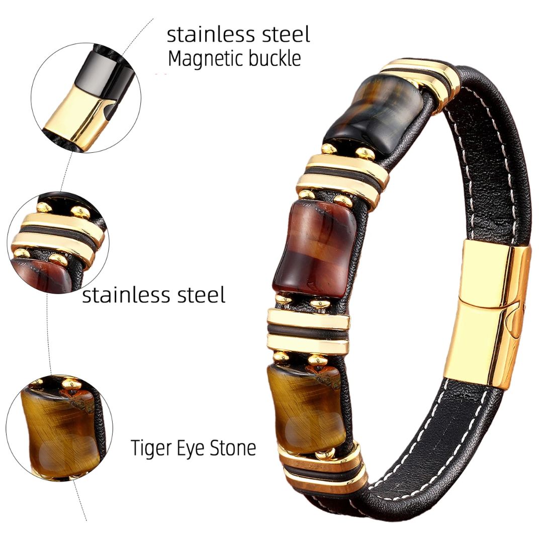 Fashionable women's natural Tiger's Eye stone & leather wrap bracelet, a versatile spiritual accessory.