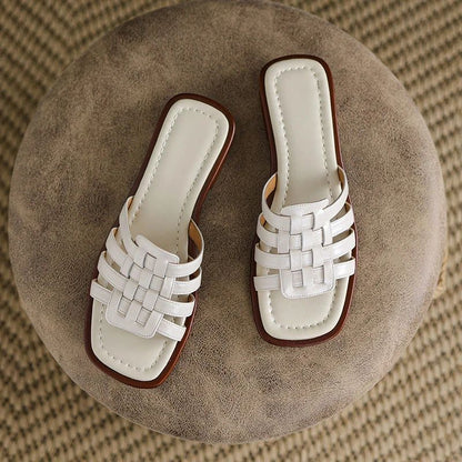 Modern women's flat slide sandals with a unique geometric Geo Cutout design and cushioned footbed for comfort.