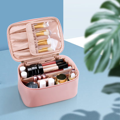 Essential women's travel beauty storage bag with adjustable dividers for all makeup & accessories.