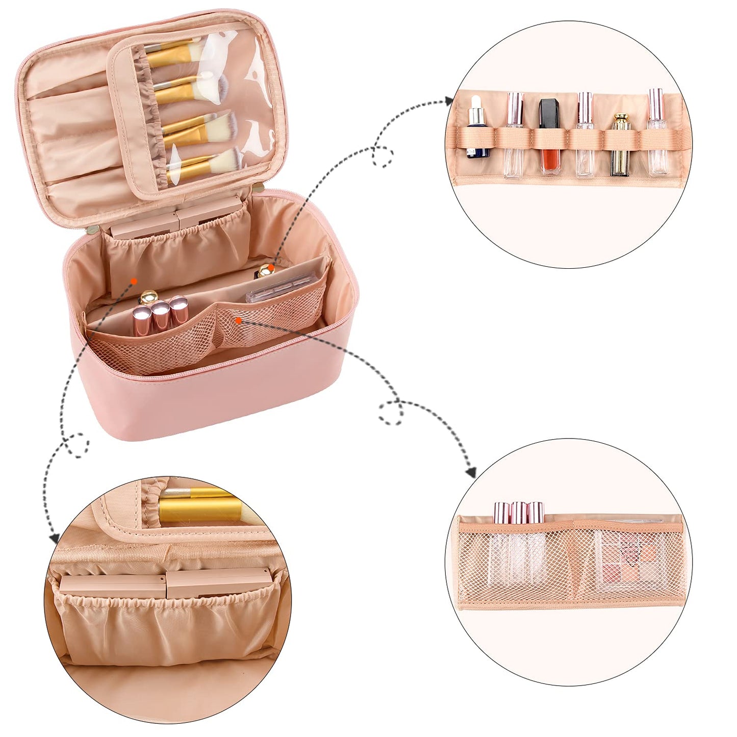 Women's travel makeup organizer bag. Adjustable cosmetic case for beauty items & toiletries.