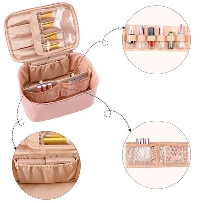 Women's travel makeup organizer bag. Adjustable cosmetic case for beauty items & toiletries.