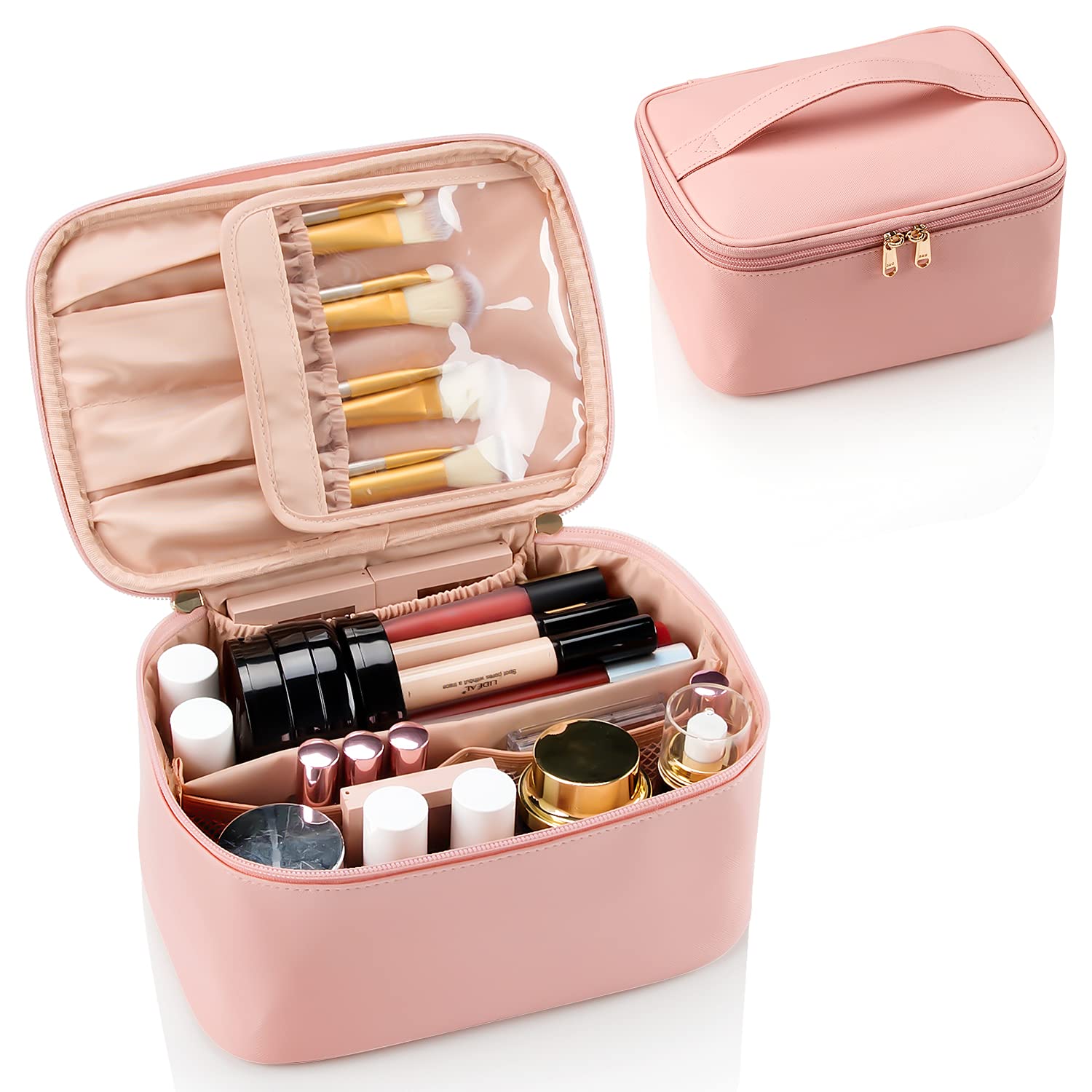 Versatile women's makeup organizer, travel bag with adjustable dividers for all types of cosmetics.