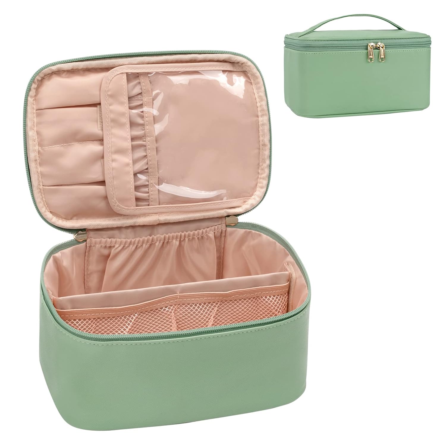Durable women's travel makeup bag protecting cosmetics with adjustable dividers for secure packing.