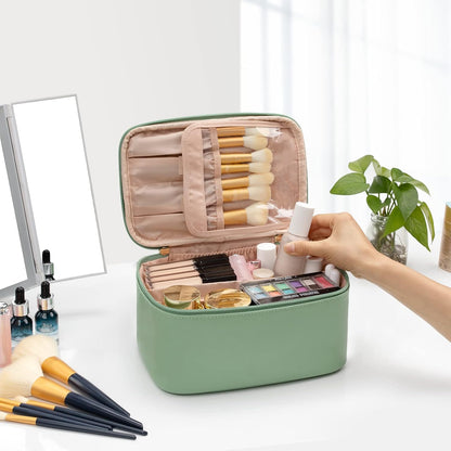 Compact women's travel makeup bag with adjustable dividers for easy packing & space-saving.