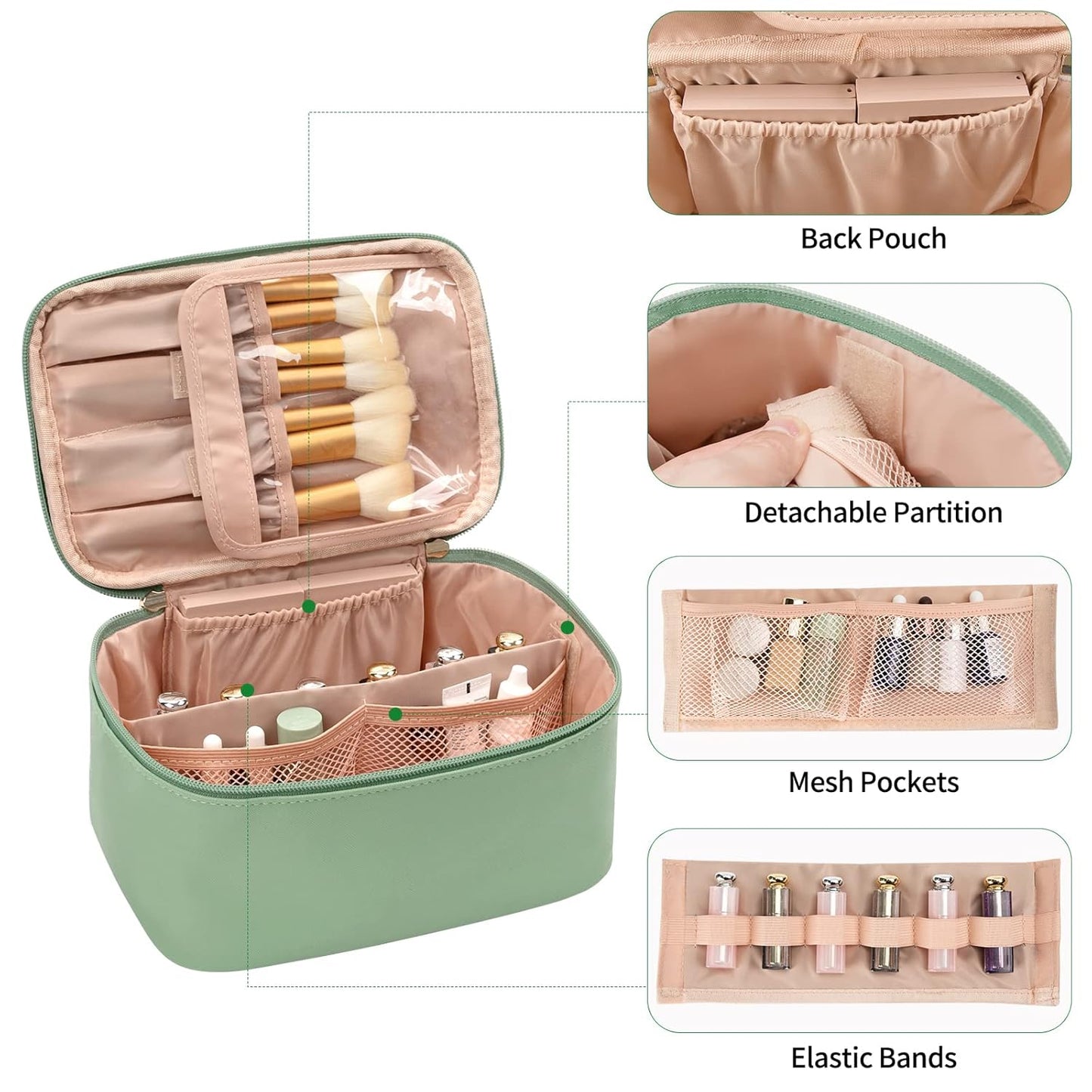 Women's travel makeup organizer bag, a portable cosmetic case with adjustable compartments for beauty.