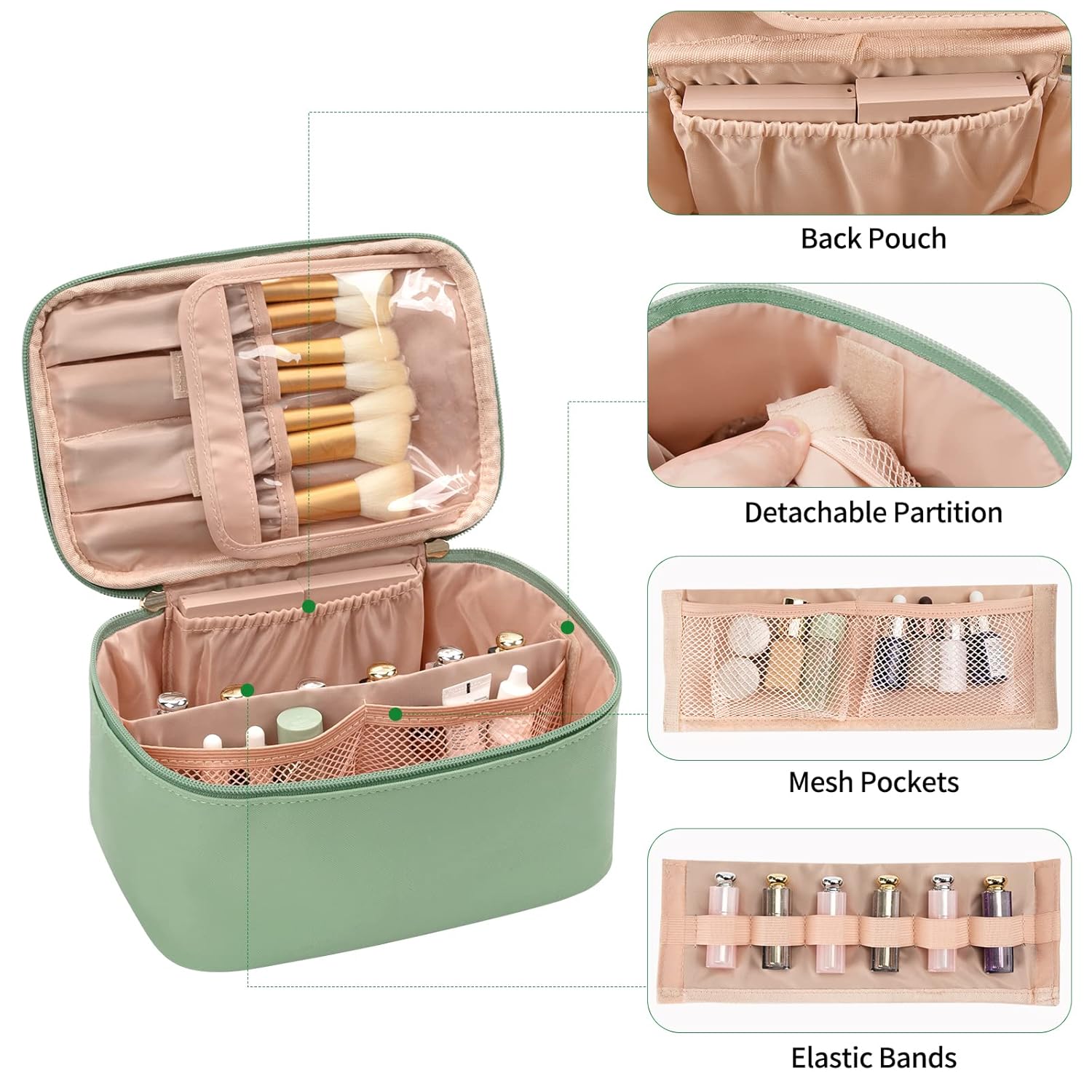 Women's travel makeup organizer bag, a portable cosmetic case with adjustable compartments for beauty.