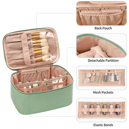 Women's travel makeup organizer bag, a portable cosmetic case with adjustable compartments for beauty.