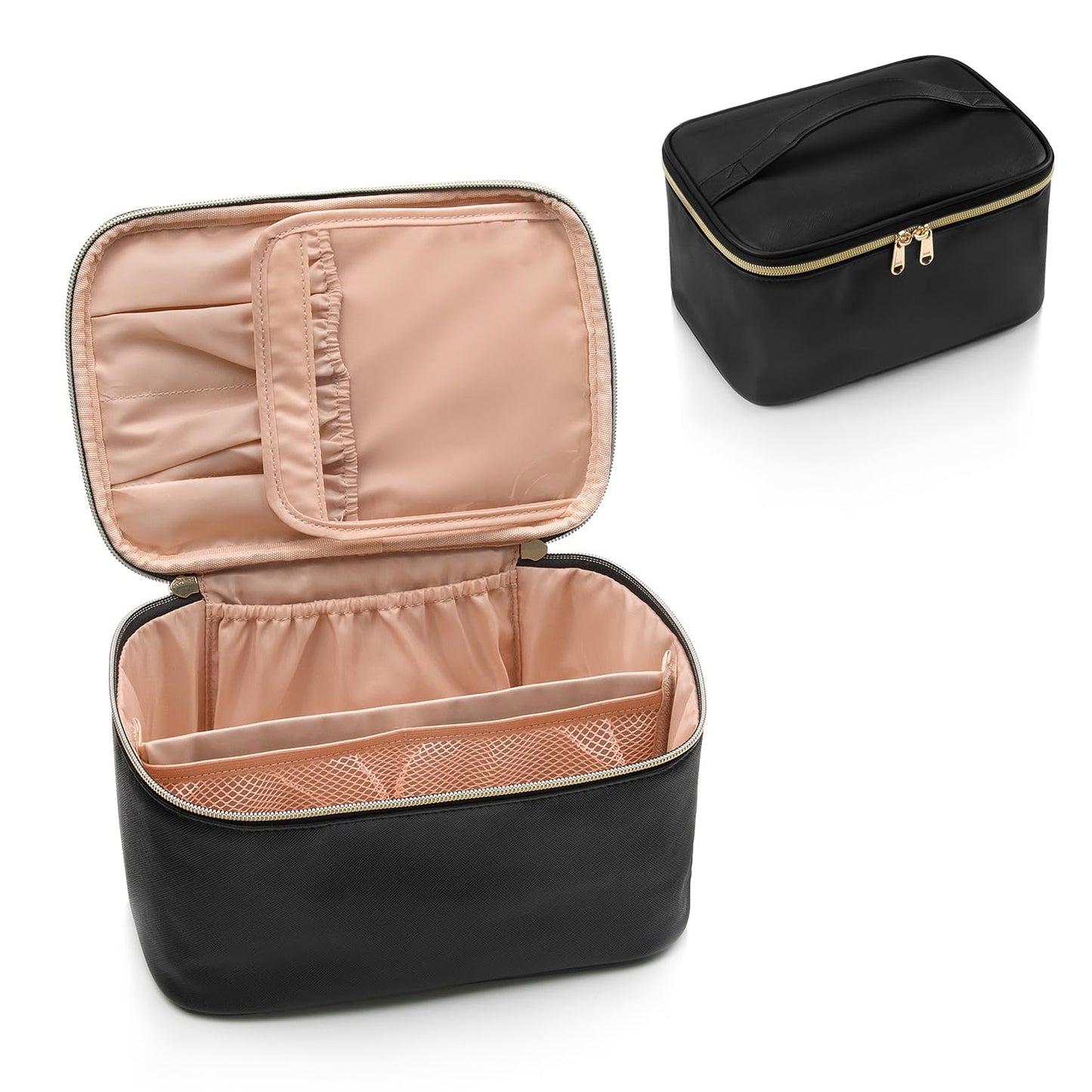 Women's travel toiletry bag, also a makeup organizer with adjustable internal dividers for convenience.