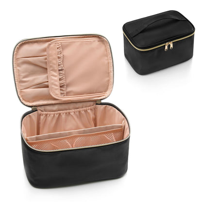 Women's travel toiletry bag, also a makeup organizer with adjustable internal dividers for convenience.