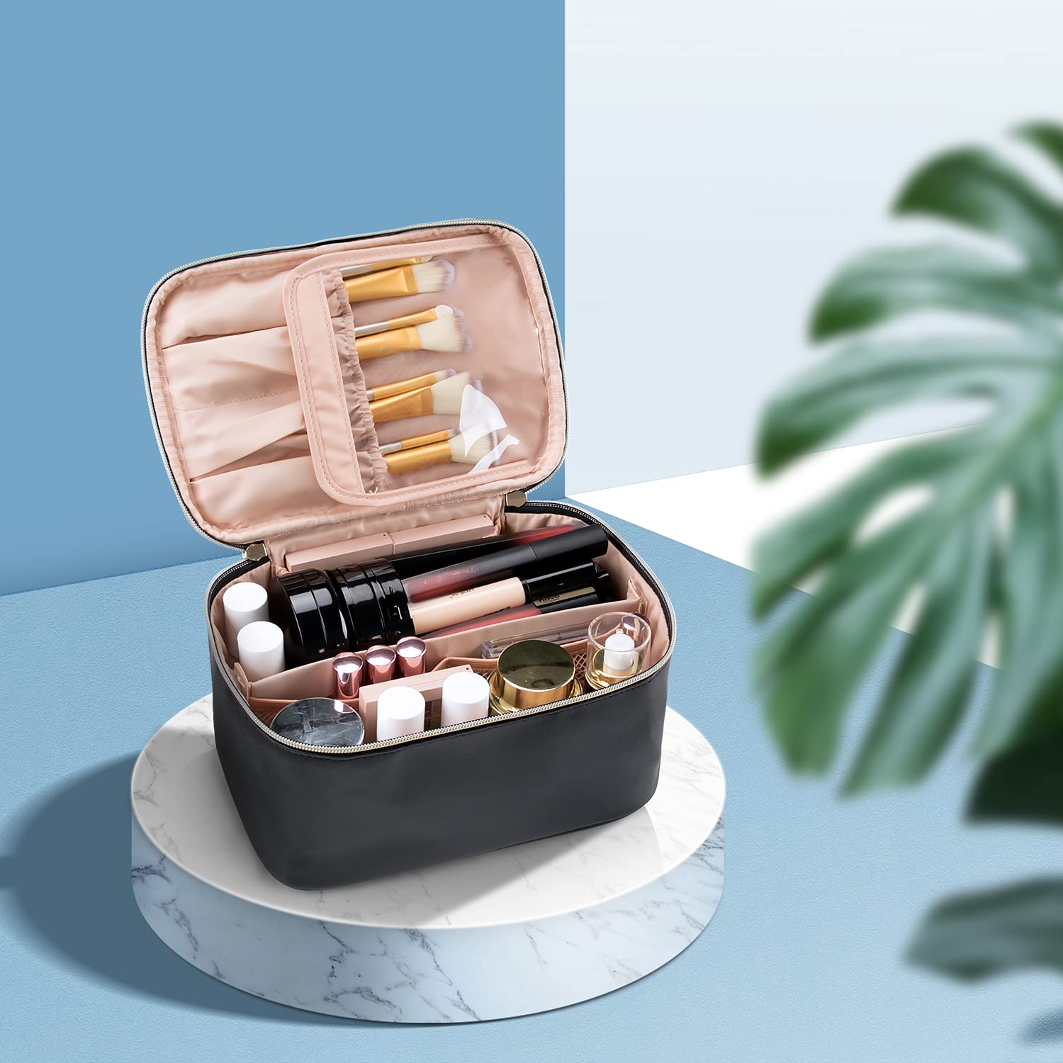 Women's versatile makeup organizer bag with adjustable dividers for home & travel beauty storage.