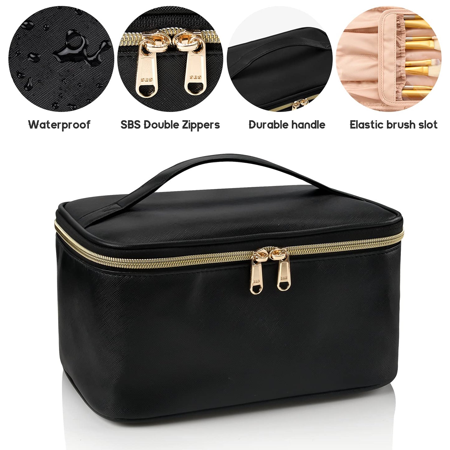 Women's travel makeup organizer bag for brushes, palettes & creams, with adjustable dividers.