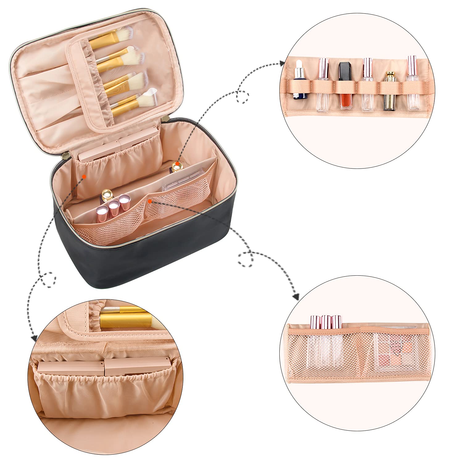 Water-resistant women's travel makeup organizer bag with adjustable dividers for easy cleaning.