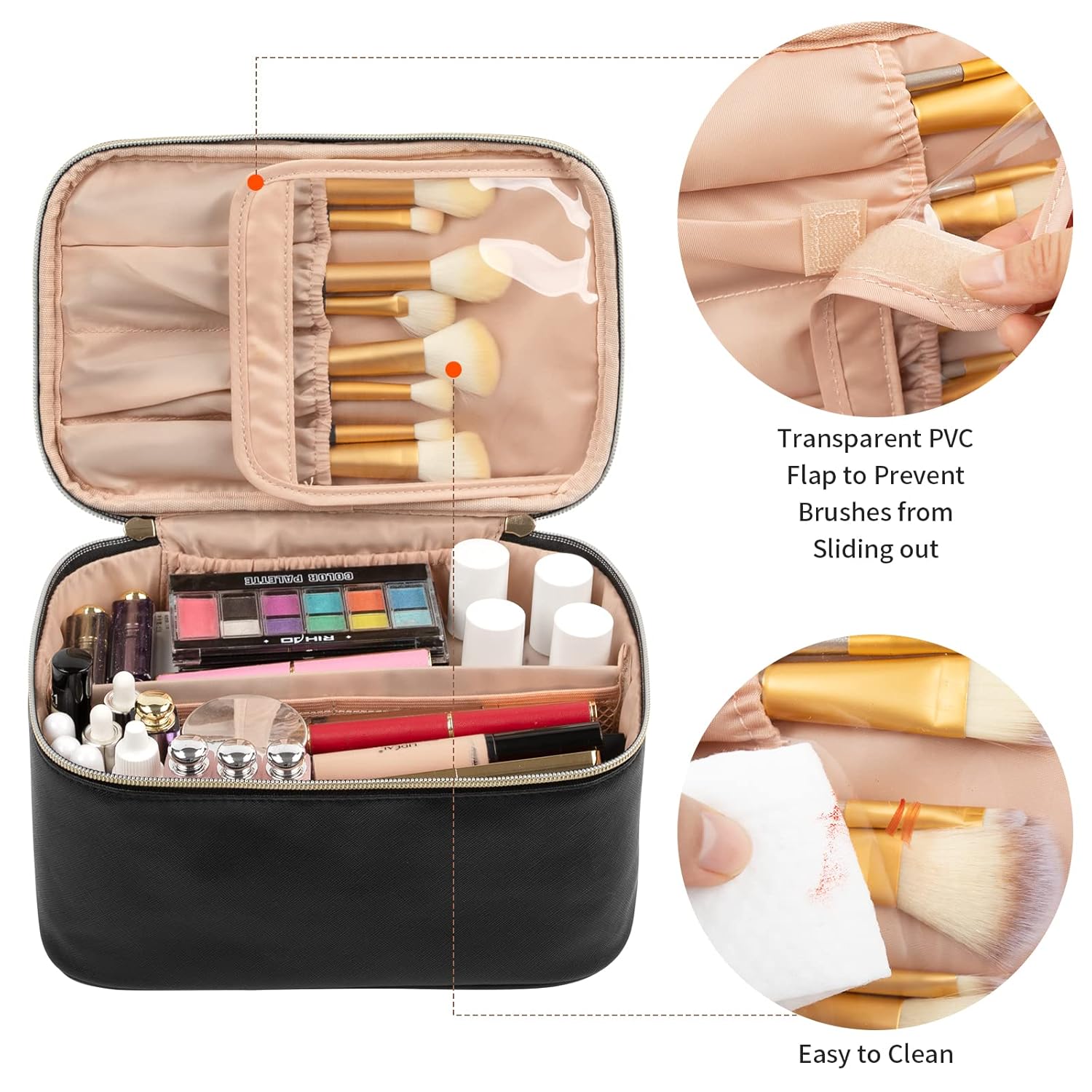 Zippered women's travel makeup organizer bag with adjustable dividers for secure cosmetic storage.