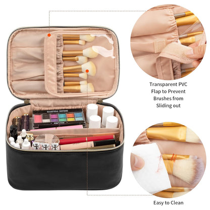 Zippered women's travel makeup organizer bag with adjustable dividers for secure cosmetic storage.