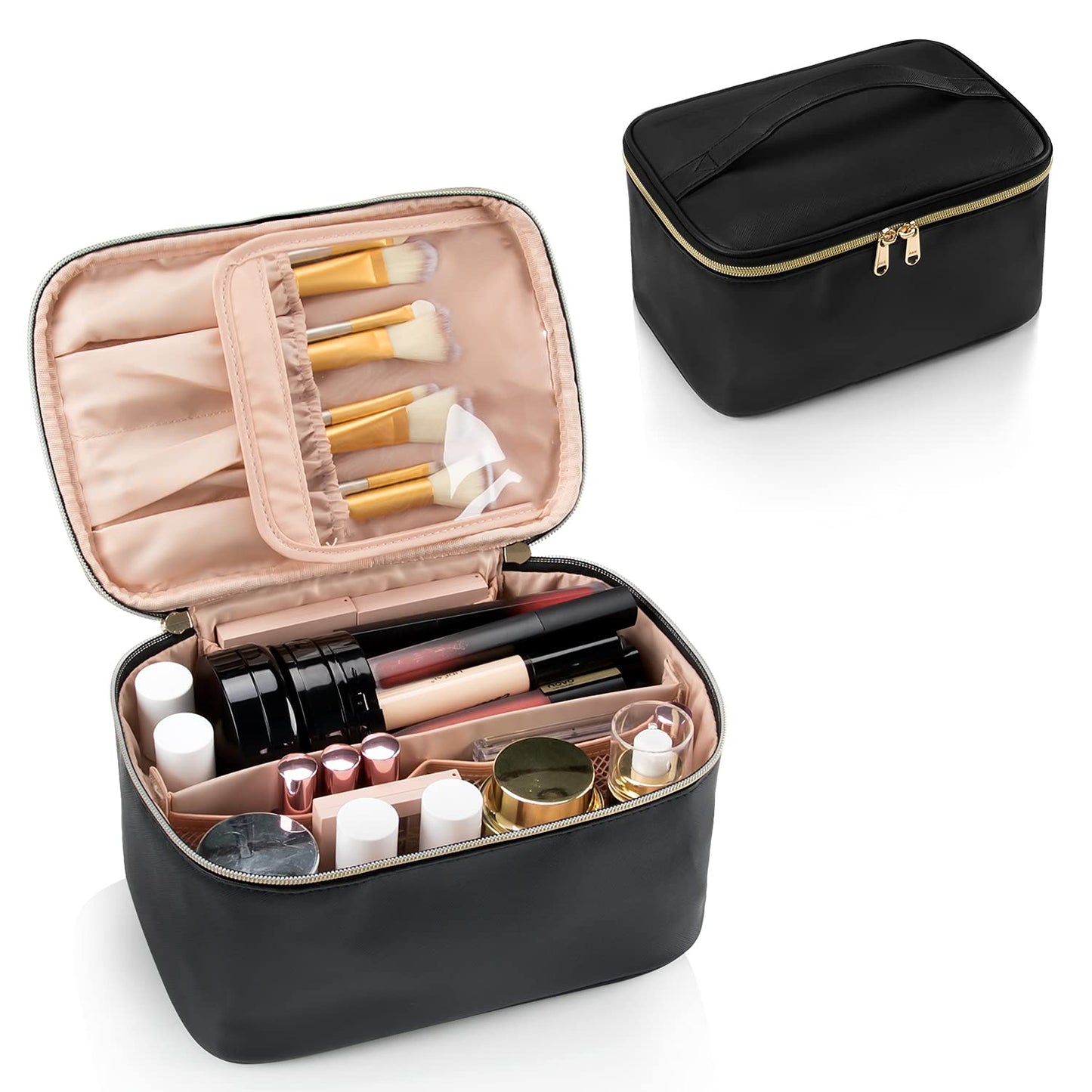 Ultimate women's travel makeup organizer bag, a must-have beauty case with adjustable dividers for organization.