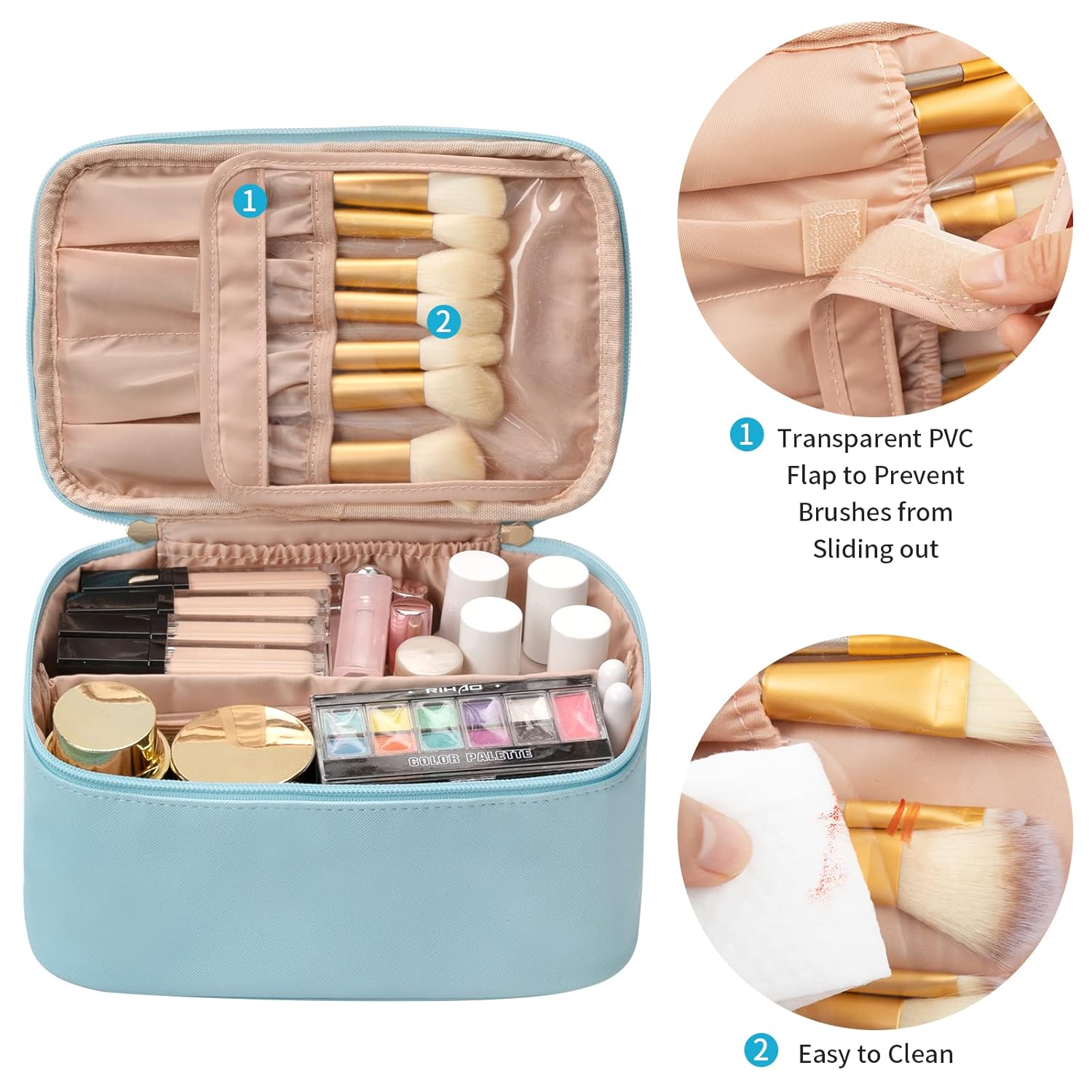 Spacious women's makeup organizer bag with adjustable dividers for custom beauty storage solutions.