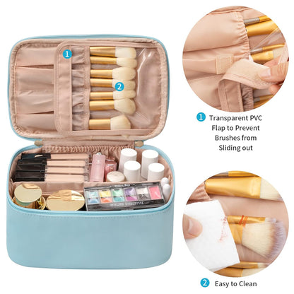Spacious women's makeup organizer bag with adjustable dividers for custom beauty storage solutions.