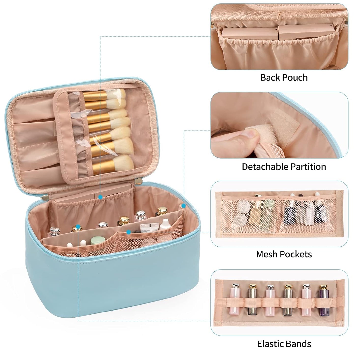 Convenient women's travel cosmetic case with sturdy handle & zippered closure for secure transport.