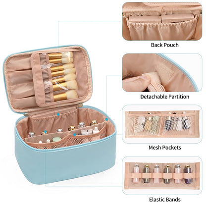 Convenient women's travel cosmetic case with sturdy handle & zippered closure for secure transport.