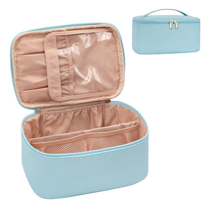 Adjustable dividers in a women's makeup organizer bag for customized beauty product organization.