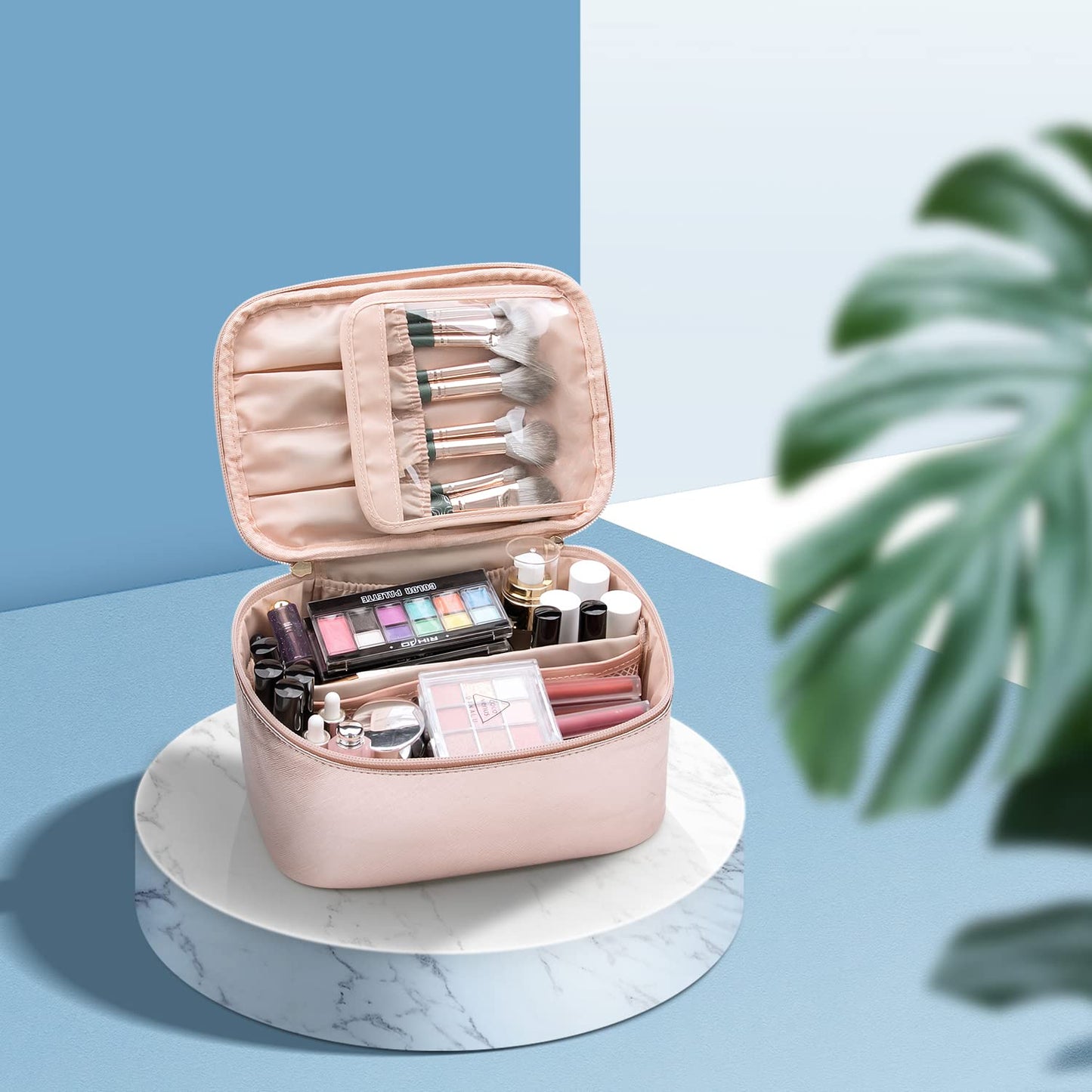 Keep cosmetics organized & secure with this women's travel makeup organizer bag with dividers.