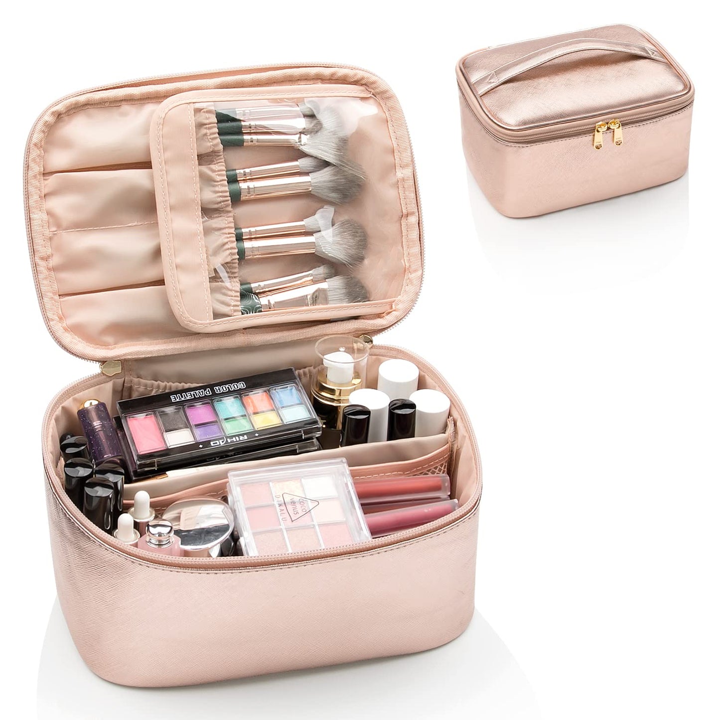 Women's portable cosmetic case with multiple compartments & adjustable dividers for versatile use.