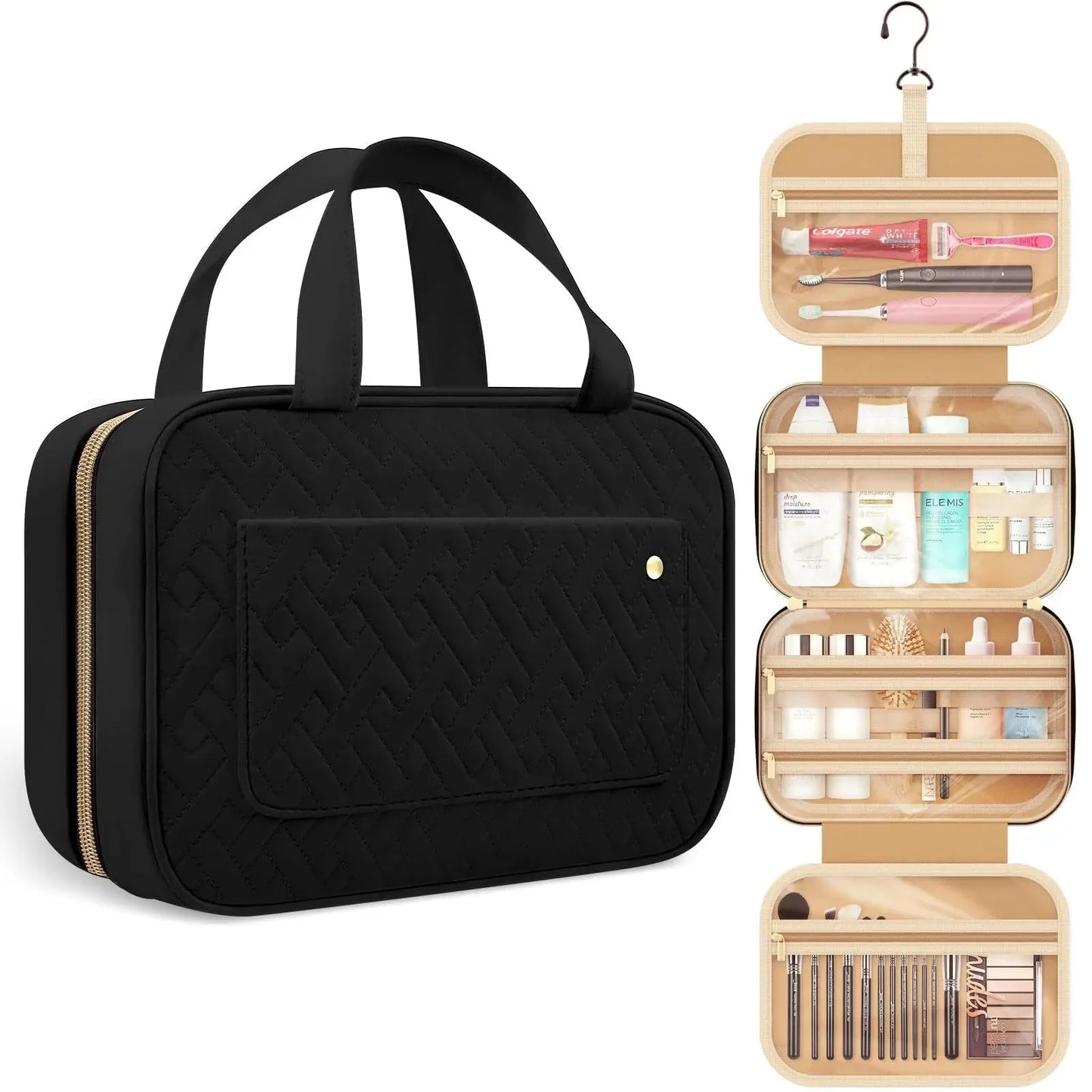 Hanging women's toiletry bag with multiple compartments. Perfect organizer for travel cosmetics & essentials.