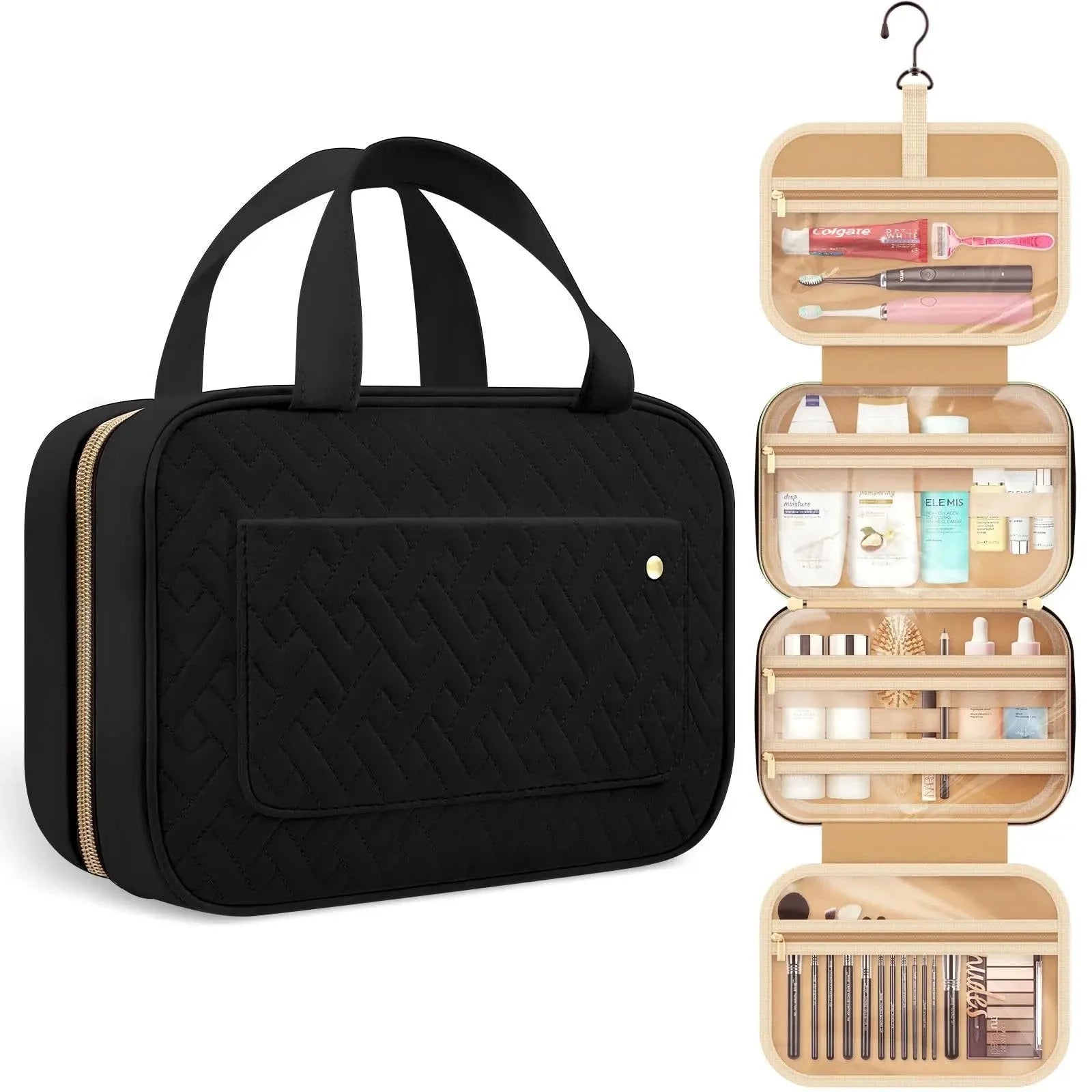 Hanging women's toiletry bag with multiple compartments. Perfect organizer for travel cosmetics & essentials.