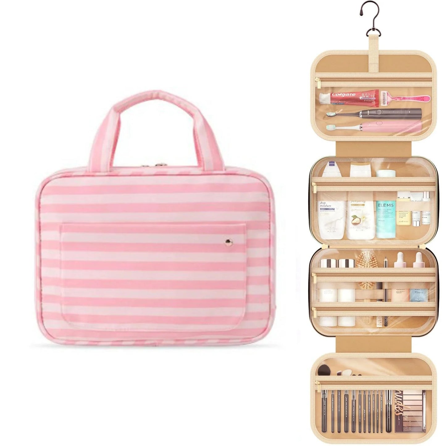 Organized women's travel toiletry organizer, compact for all cosmetics & personal essentials. Easy packing.
