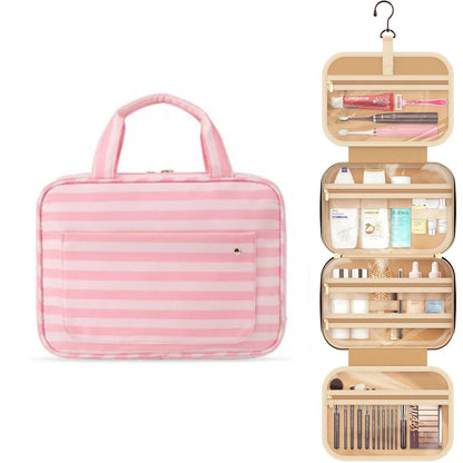 Organized women's travel toiletry organizer, compact for all cosmetics & personal essentials. Easy packing.