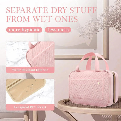 Compact women's travel bag for toiletries. Efficiently organizes makeup & essentials. Space-saving design.