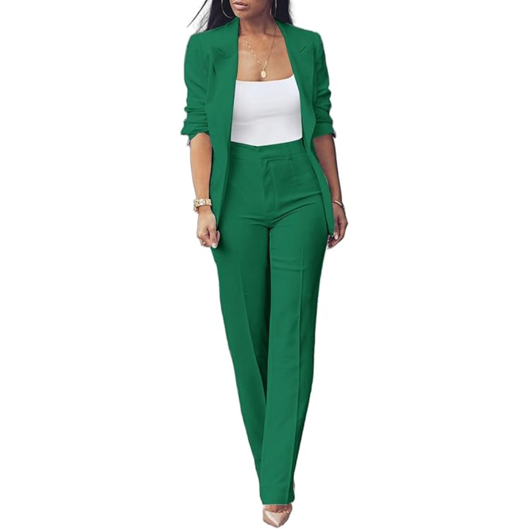 Women's tailored blazer & slim pants set for a sharp, professional business look.