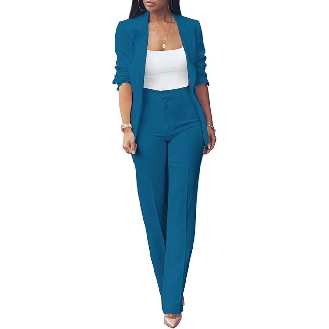 Professional women's blazer & slim pants suit for elegant office & business attire.