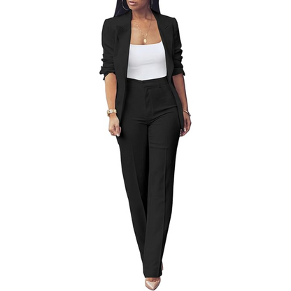 Stylish women's slim fit blazer & pants set, comfortable yet professional for work.