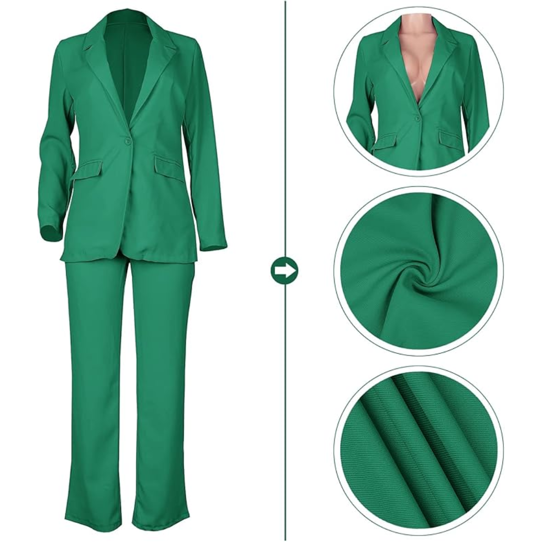 Stylish women's trendy blazer & slim fit pants set, versatile for modern ladies' fashion.