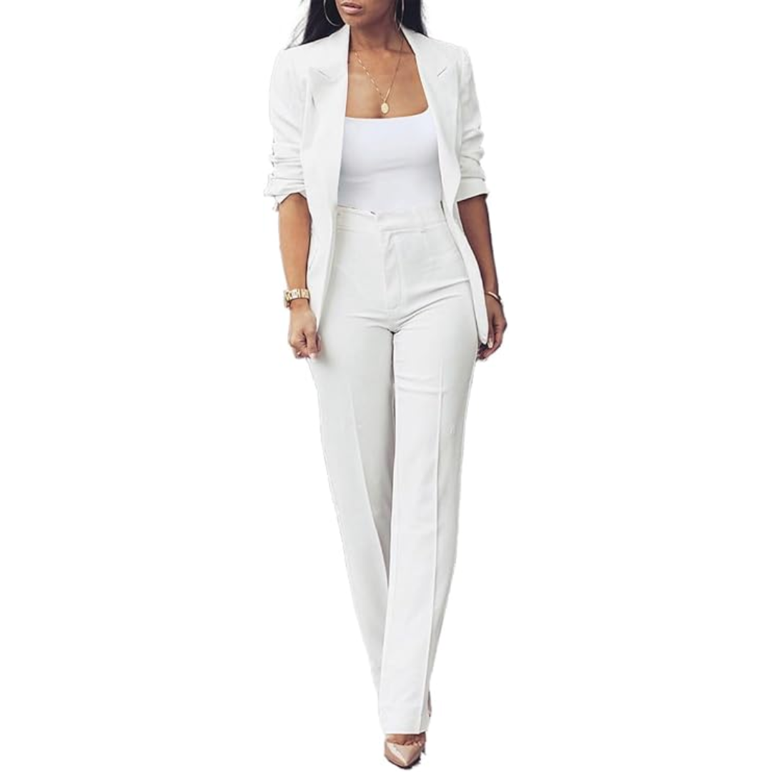 Professional women's business suit set with trendy blazer & slim trousers for office wear.