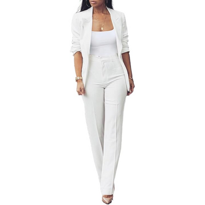 Professional women's business suit set with trendy blazer & slim trousers for office wear.