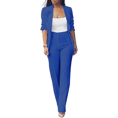 Versatile women's professional blazer & slim pants set, suitable for work or formal events.