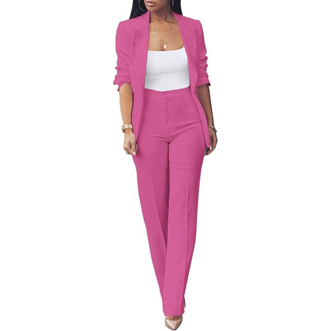Fashionable women's two-piece suit: elegant blazer & slim pants, perfect for business attire.