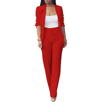 Modern women's trendy blazer & slim pants set, an elegant professional office outfit.
