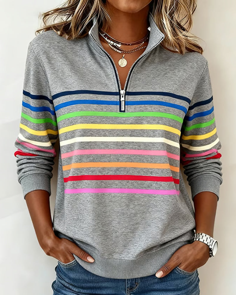 Women's trendy colorful zipper top with long sleeves, perfect for casual, comfortable everyday wear.