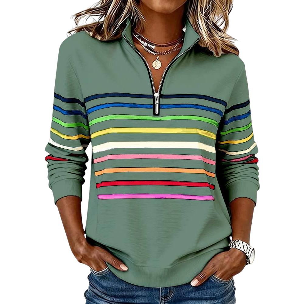 Everyday comfortable women's fashion top, a trendy colorful long-sleeve zipper blouse.