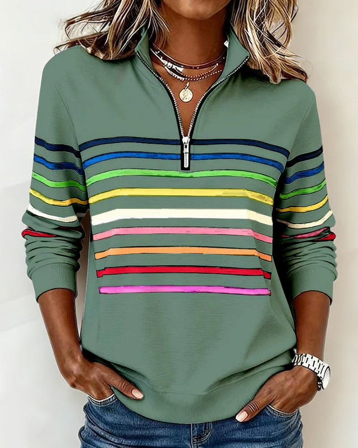 Trendy women's colorful zipper long-sleeve top, a comfortable loose-fit blouse for spring and fall casual style.