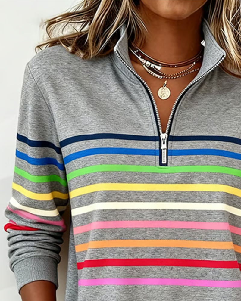 Vibrant long-sleeve zipper top for women, a loose-fit, trendy design ideal for spring and fall comfort.